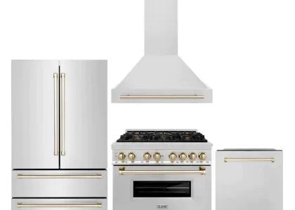 white and gold kitchen appliances