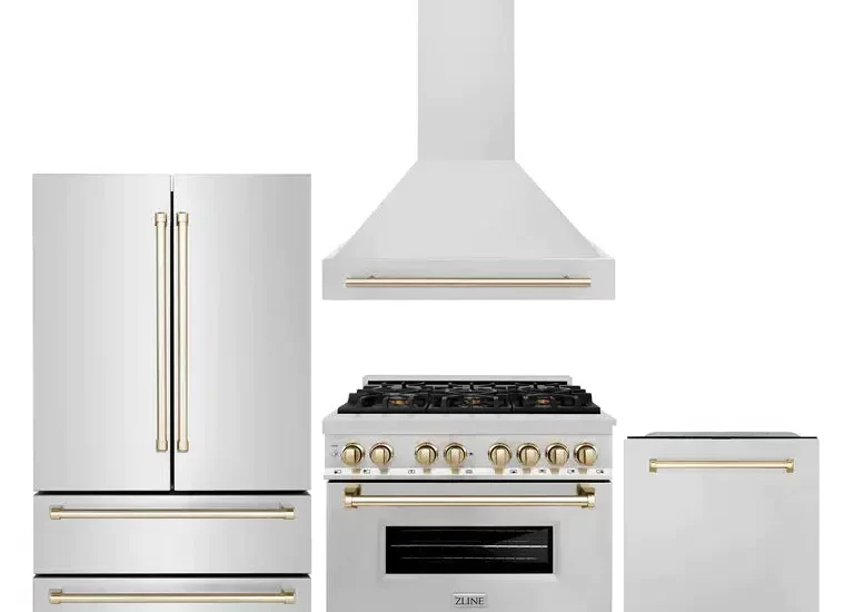 white and gold kitchen appliances