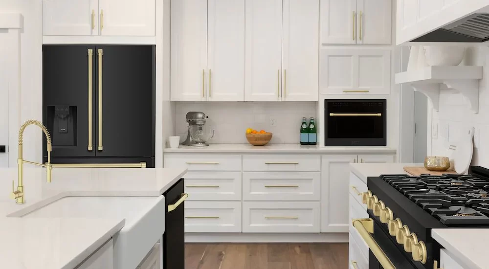 white kitchen black appliances