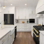 white kitchen black appliances