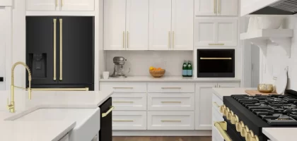 white kitchen black appliances