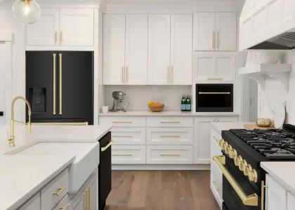 white kitchen black appliances