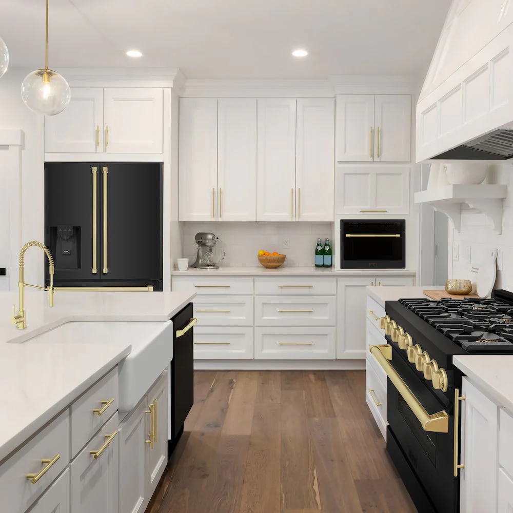 white kitchen black appliances